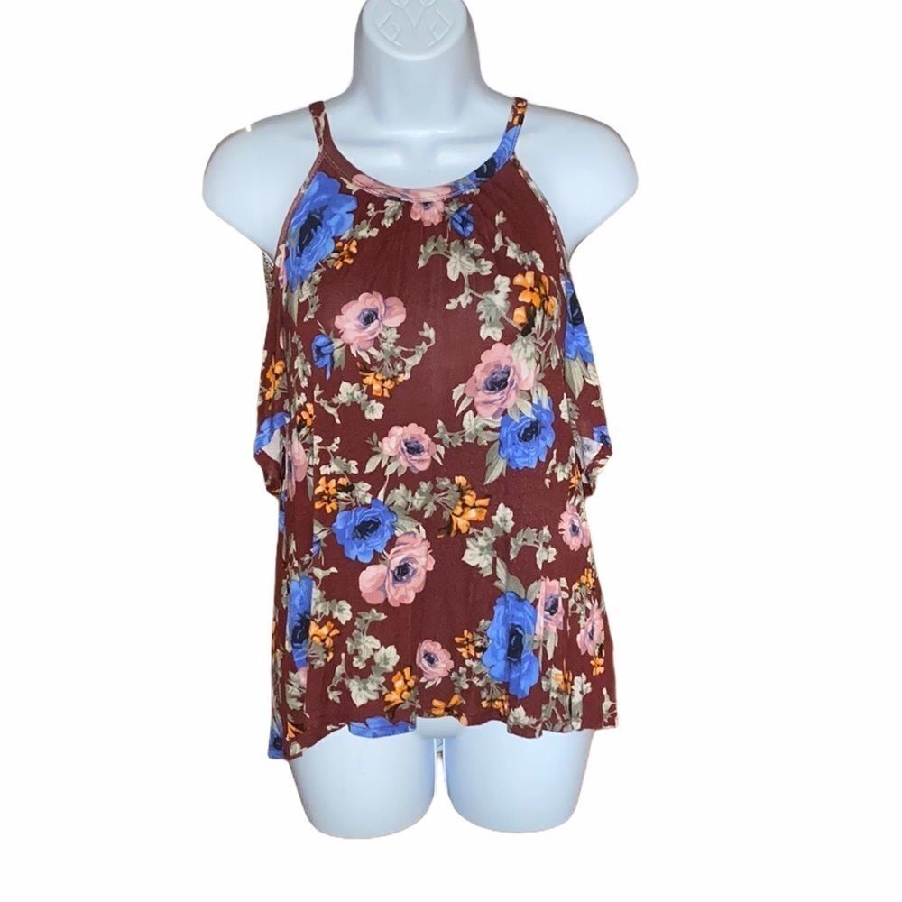 Papaya Floral Cold Shoulder Tank Top Brown Multicolor Size M